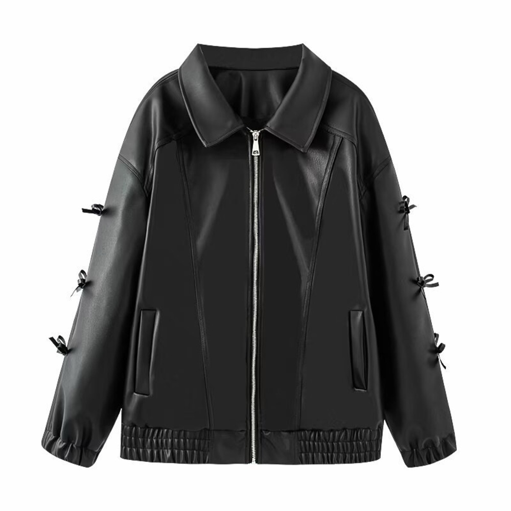 Elegant Black Leather Jacket with Bow Accents